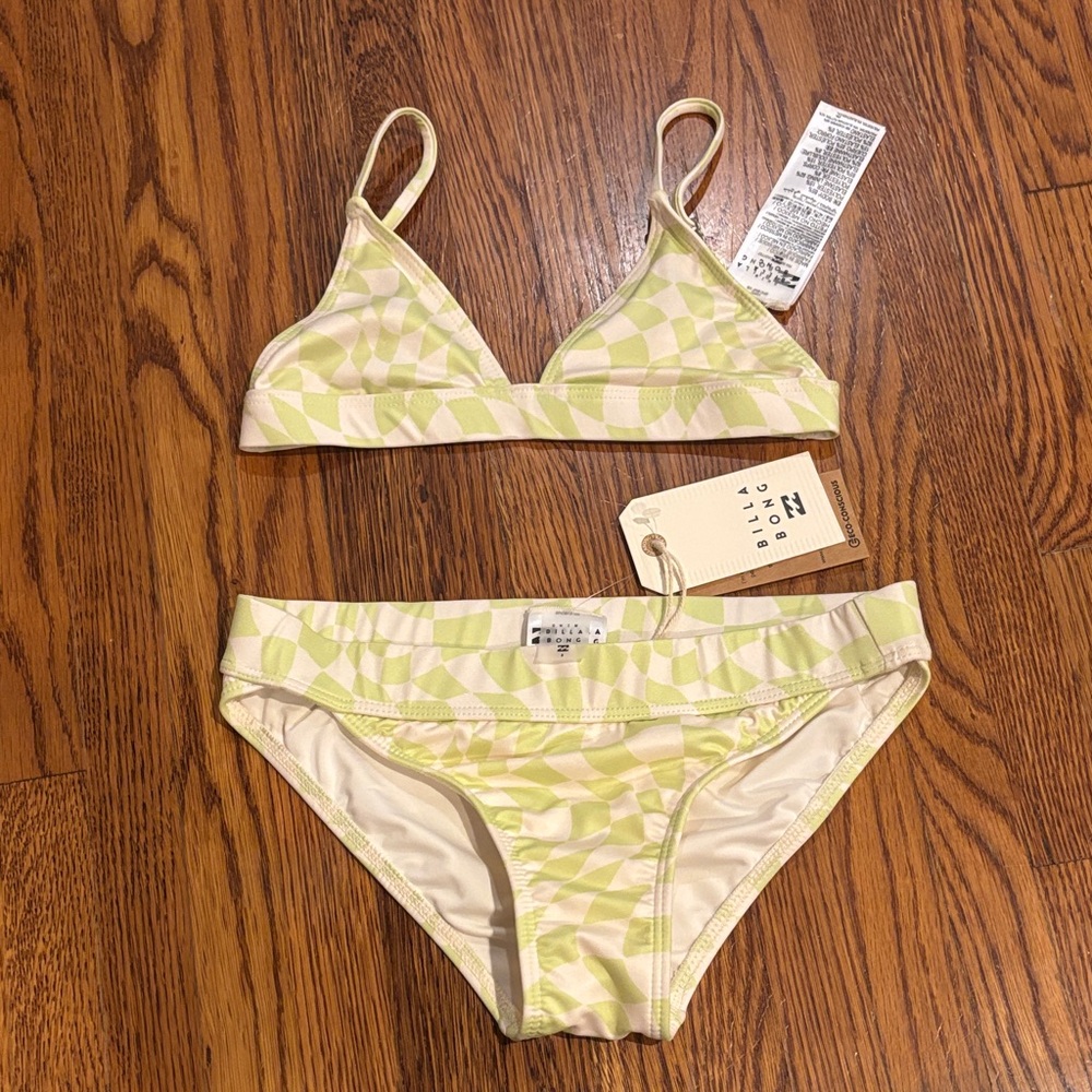 New Billabong Light Green Geometric Bikini Set With Tags
